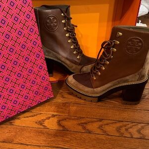 Tory Burch Brown and Tan Lace-Up Boots